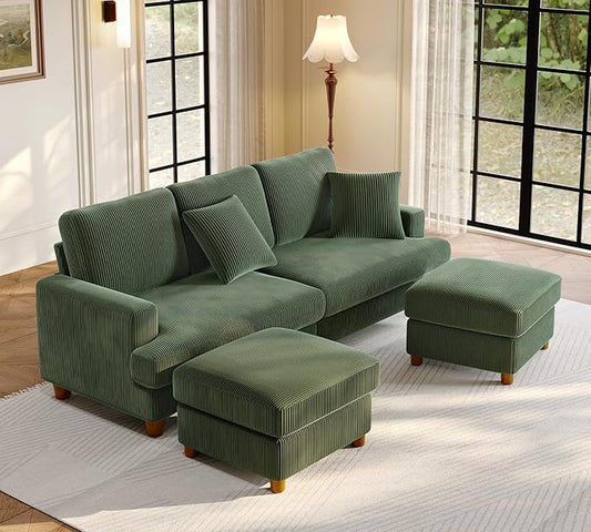 87.2" Couches for Living Room, Comfy U Shaped Couch Green 7.5" Thicker Cushion, Sofas for Living Room Tool-Free Setup, Loveseat with Ottoman 848lbs Support, Corduroy Couch for Bedroom, Office