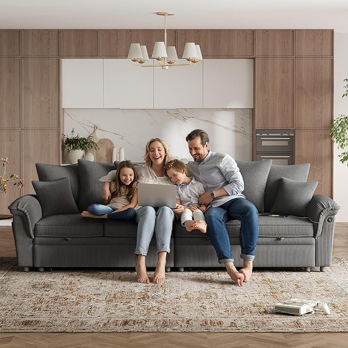 LINSY HOME Oversized Sectional Sleeper Sofa with Pull Out Couch Bed (Gray, 110.5'') | USB Charging, Pillow-style Armrest, Multiple Cushions, Modular Sofa, Corduroy Fabric