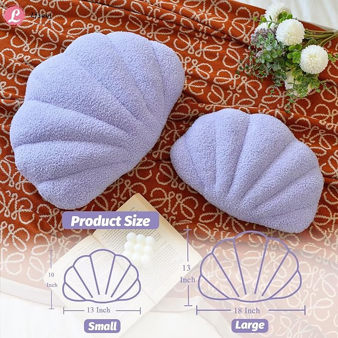 Lfsaaj Lavender Seashell Throw Pillows, Shell Shaped Throw Pillows, 13 Inch Soft Home Decorative Pillow Plush Cushion for Bed Couch Living Sofa Room Decor Accent Throw Pillow