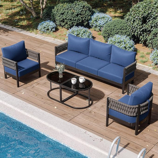 Aluminum Patio Furniture Set,5 Pieces HDPE Rope Patio Conversation Sets with Modular Coffee Table,Metal Outdoor Sectional Furniture w/5.9" Thick Cushions for Porch,Deck,Backyard,Navy Blue