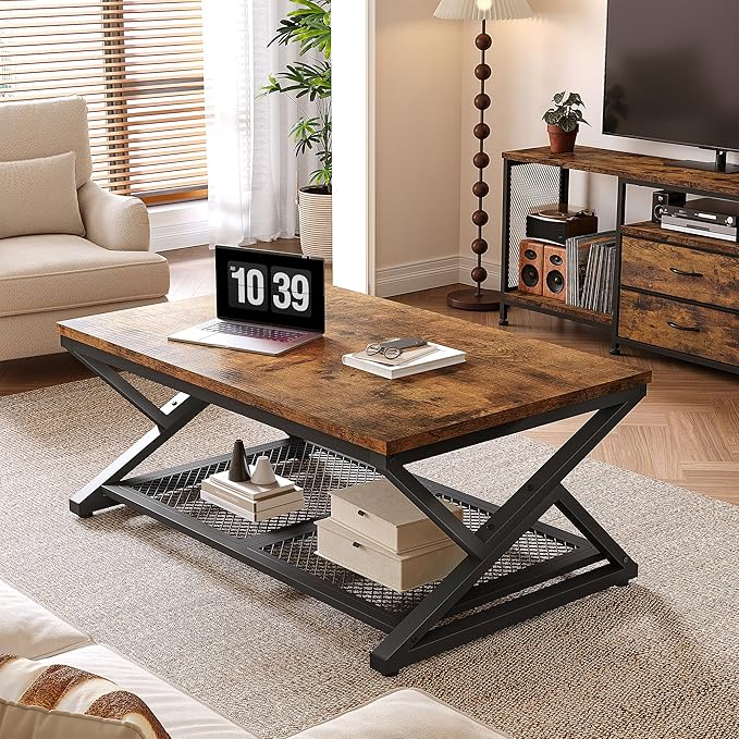 EnHomee Coffee Table with Storage, Modern Coffee Tables for Living Room with Mesh Shelf, 2 Tier Rectangular Center Table for Living Room, Bedroom, 39.4 Inch, Rustic Brown