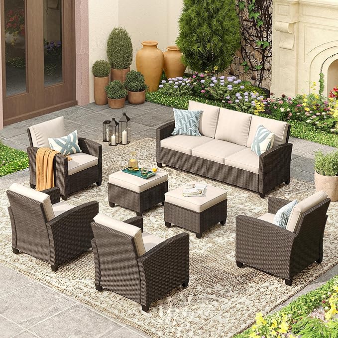 VICLLAX Patio Furniture Set 7 Pieces Wicker Outdoor Conversation Set, 3-Seat Sofa with 4 Single Sofa Chairs and 2 Ottomans for Garden, Poolside, Backyard, Beige Cushion