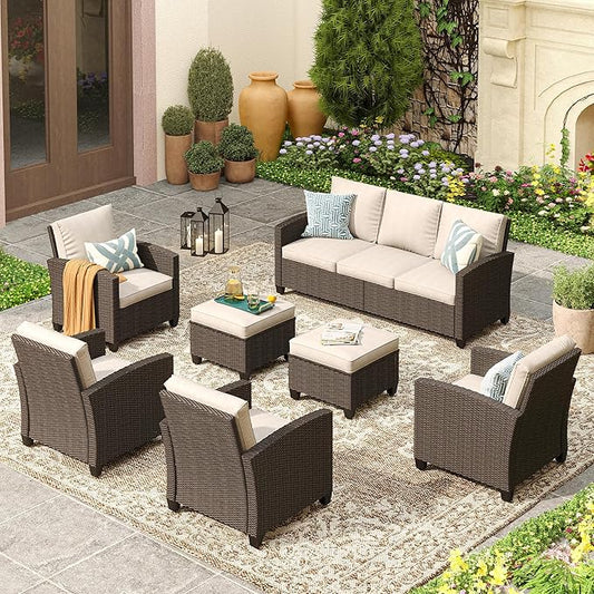 VICLLAX Patio Furniture Set 7 Pieces Wicker Outdoor Conversation Set, 3-Seat Sofa with 4 Single Sofa Chairs and 2 Ottomans for Garden, Poolside, Backyard, Beige Cushion