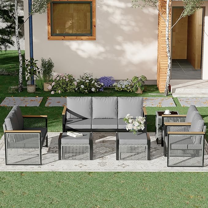 HOMREST 7 Piece Outdoor Sectional Patio Conversation Set,5 Seats Metal Outdoor Patio Furniture Set, All Weather Outdoor Couch Set with 2 Ottoman,3-Seats Sofa,Love Seat,Side Table for Deck, Lawn(Grey)