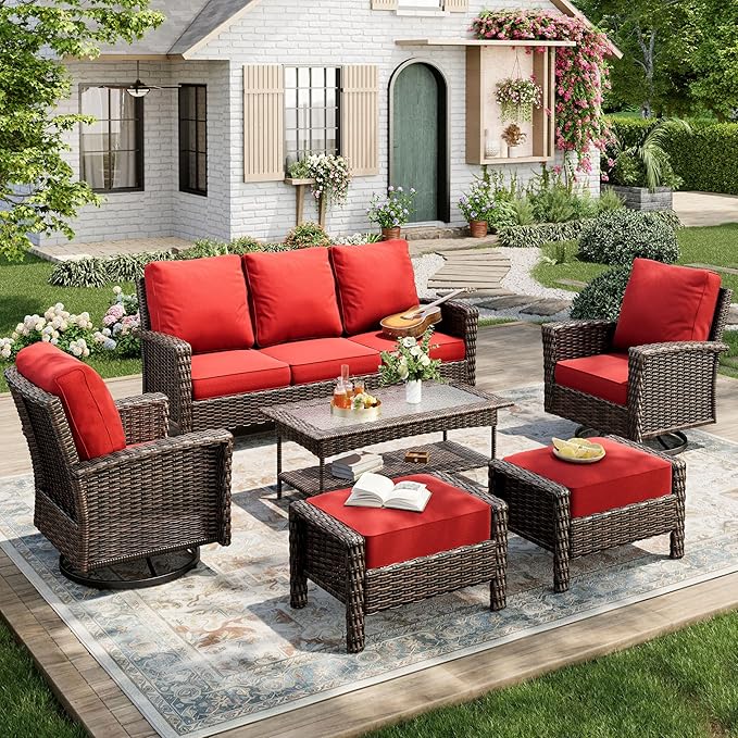6-Piece Wicker Patio Furniture Set with Swivel Chairs, High Back Outdoor Furniture with 5.5-inch Thick Cushion and Ottoman, All-Weather Wicker Patio Conversation Set for Deck Yard Pool, Red