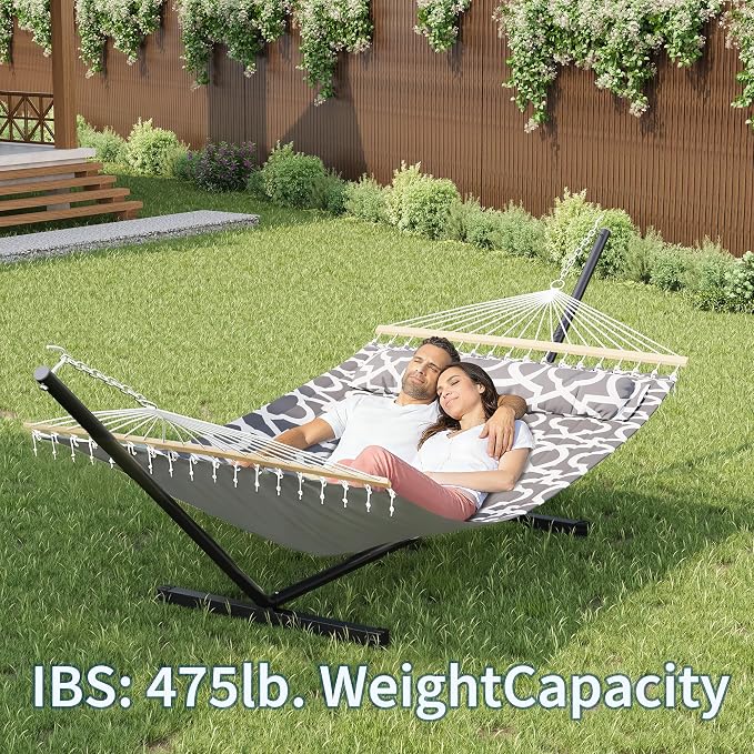 Double Hammock with Stand for 2 Person, Outdoor Freestanding Hammock Bed with 475lb Capacity - Heavy Duty Steel Frame, Quilted Pillow & Portable Carry Bag, Easy Assembly, Light Gray - Image 6