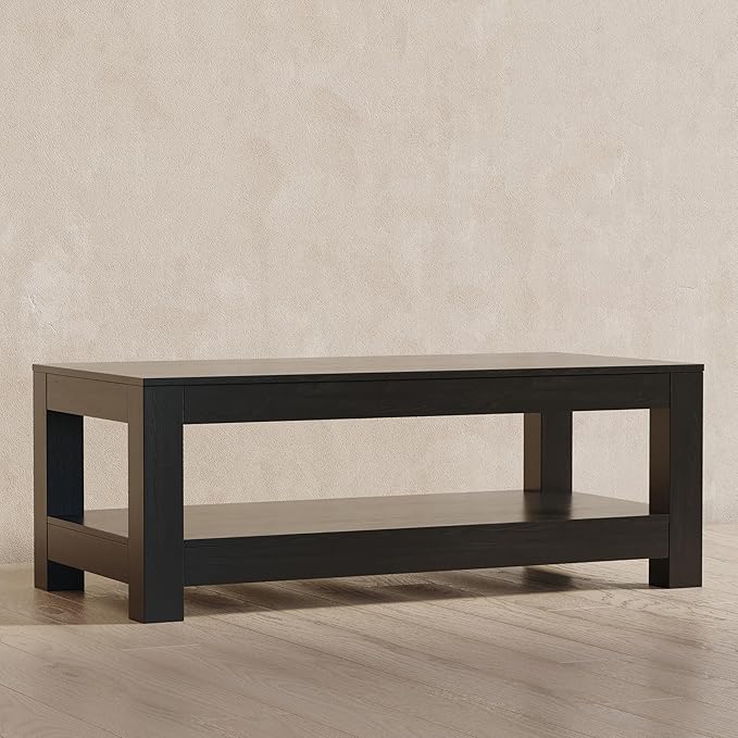Maven Lane Paulo Coffee Table – 18 Inch Rectange Table with Storage – Black Solid Wood – Ideal for Living Room and Lounge
