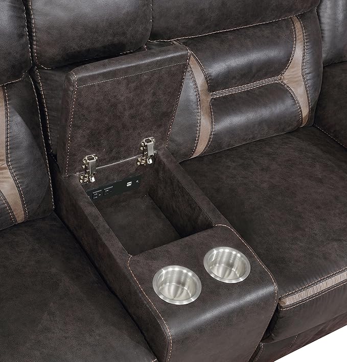 Coaster Home Furnishings - Greer - Faux Leather Upholstered Motion Reclining Loveseat with Console, Lift-Top Container, and Built-in Cupholders - Living Room & Home Theater - Brown - 651355