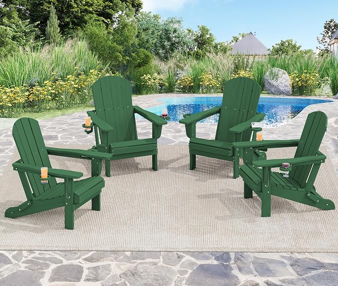 SERWALL Adirondack Chair with Cup Holders - Composite Adirondack Chairs Set of 2 HDPE Outdoor Chairs All Weather Use- Green - Image 2