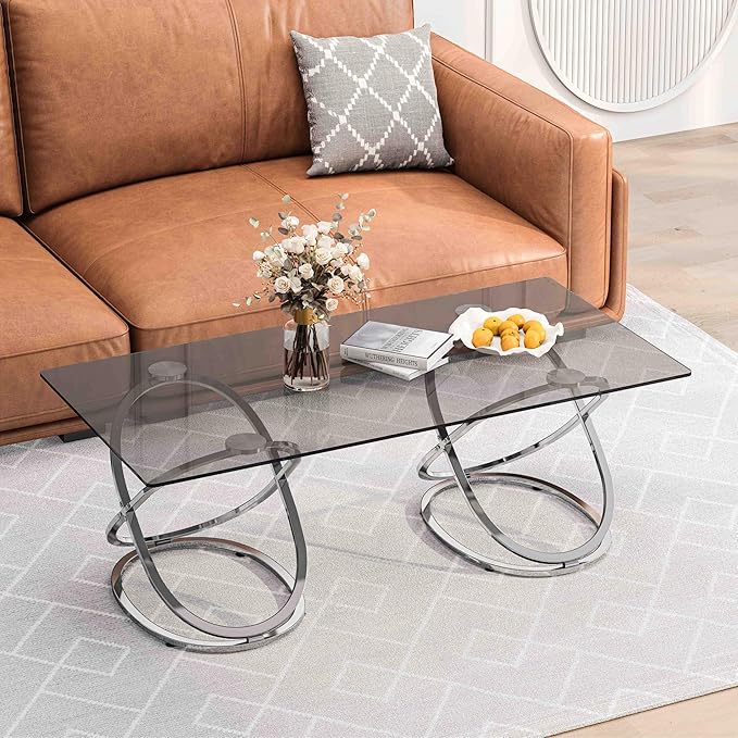 47" Rectangle Coffee Table with Tempered Glass Tabletop, Modern Chrome Ring Base, Gray, Luxury Living Room Center Table