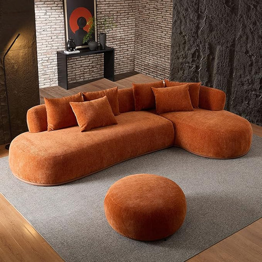 KEIKI 135" L-Shaped Oversized Boucle Sectional Sofa with Right Chaise, Modern 5-Seater Polyester Curved Couch with PU Leather Base, 1 Ottoman & 6 Pillows, No Assembly Required, for Living Room, Orange