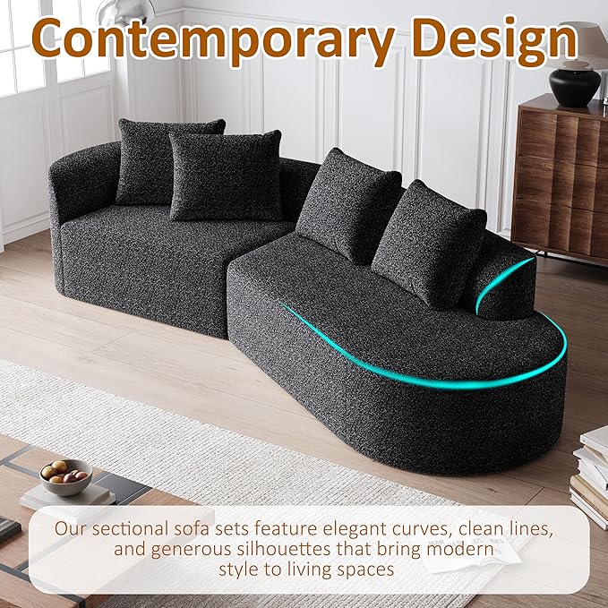 112" Modern Cloud Sectional Sofa, Chenille 4-Seater Curved Couch with 4 Pillows, Extra Deep & Wide Seat, No-Assembly Compressed Upholstered Living Room Sofa for Bedroom,Apartment,Black Left