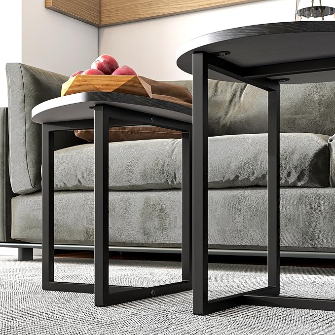 HOJINLINERO Coffee Table Side Tables End Tables Living Room Set of 2,Round Small Coffee Table Decor for Bedroom,Modern & Sturdy Metal Frame & Wood Top,Easy Assembly,Black