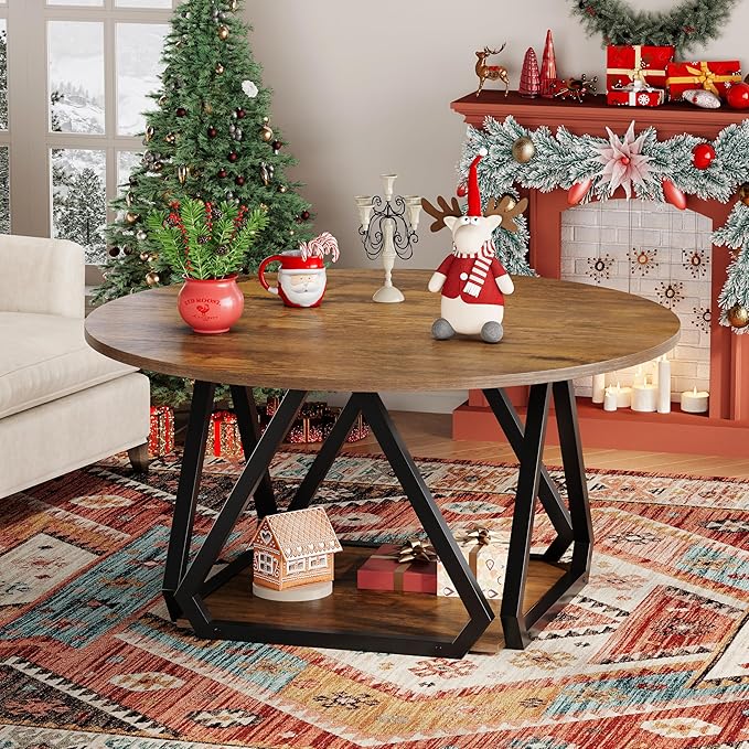 Round Coffee Table, 31.5" 2-Tier Center Table with Storage Shelf, Modern Rustic Circle Wood Coffee Table for Living Room, Apartment (Rustic Brown)