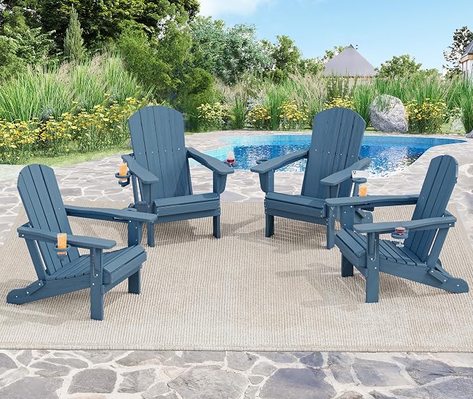 SERWALL Folding Adirondack Chair, HDPE Adirondack Chairs, Plastic Outdoor Chairs- Looks Exactly Like Real Wood- Navy - Image 2
