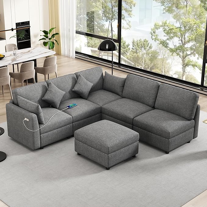Eafurn 6 Seater Reversible Modular Sectional Sofa Convertible Sleeper Couch Bed, Free Combination Chenille Upholstered Corner Sofa Couches with USB Ports and Detachable Cushions (Grey)