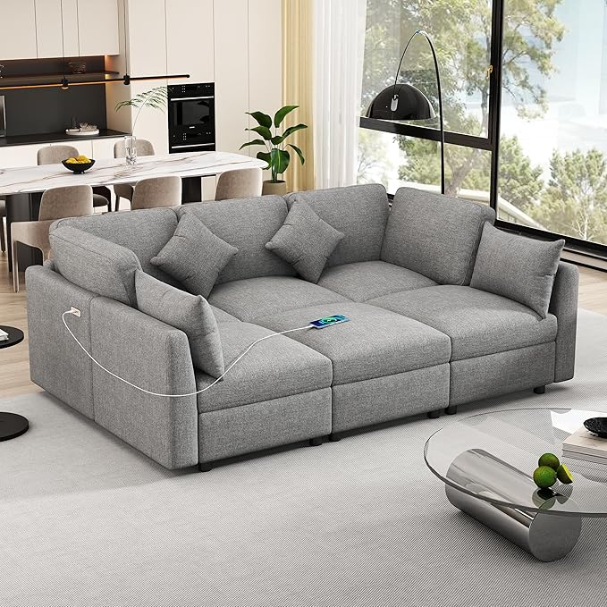 Eafurn 6 Seater Reversible Modular Sectional Sofa Convertible Sleeper Couch Bed, Free Combination Chenille Upholstered Corner Sofa Couches with USB Ports and Detachable Cushions (Light Gray)