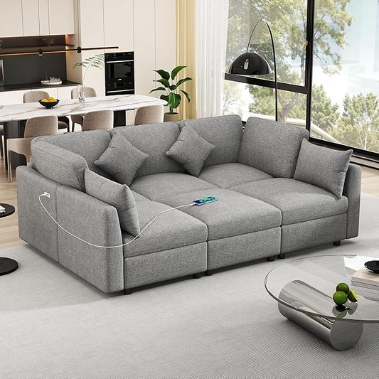 Eafurn 6 Seater Reversible Modular Sectional Sofa Convertible Sleeper Couch Bed, Free Combination Chenille Upholstered Corner Sofa Couches with USB Ports and Detachable Cushions (Light Gray)