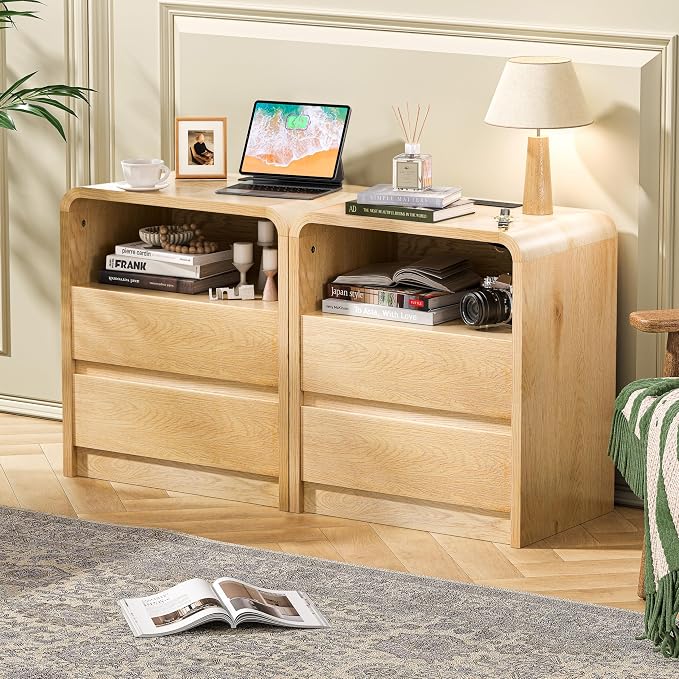 Modern Night Stand with Charging Station, 25" Tall Wood Nightstand Bedside Table with 3 Drawers & USB Ports, Mid-Century End Table for Bedroom (2, Nature Smooth, 2 Drawers) - Image 9
