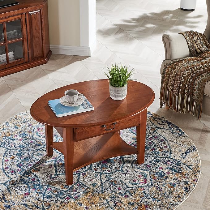 Leick Home Haven Ridge Coffee Table, Solid Wood, Oval, with Drawer and Shelf, Medium Oak, 9044-MED