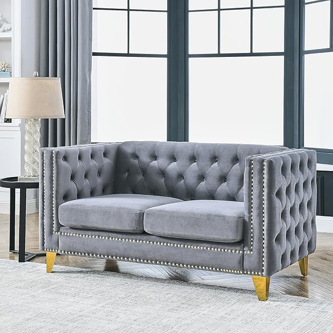 KEIKI Tufted Velvet 2 Seat Sofa Couch for Living Room, Buttons Tufted Square Arm Couch for Home Apartment, Gray