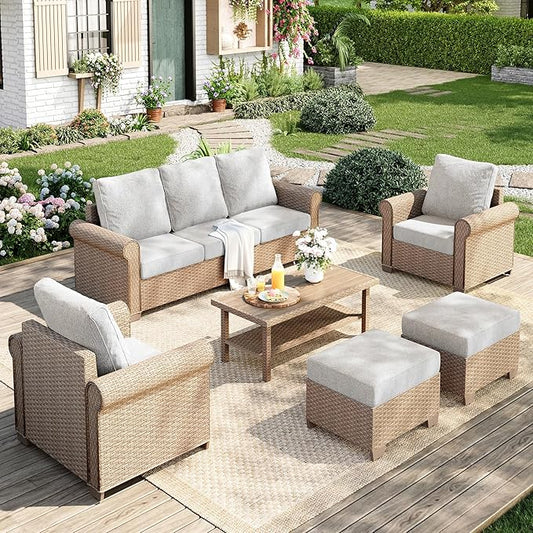 Patio Furniture Set 6 pcs, Wicker Outdoor Patio Furniture, 3-Seat Sofa, 2 Single Sofas, 2 Ottomans and Coffee Table, Rattan Outdoor Conversation Set for Backyard Deck, Beige