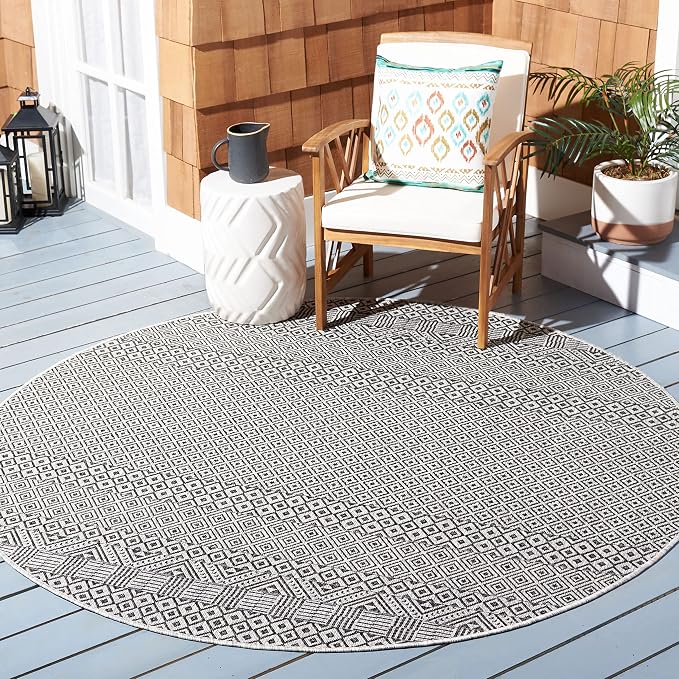 SAFAVIEH Courtyard Collection 7'1" Round Grey/Black CY8235 Indoor/ Outside Waterproof Easy cleansingPatio Backyard Mudroom Area Mat by SAFAVIEH