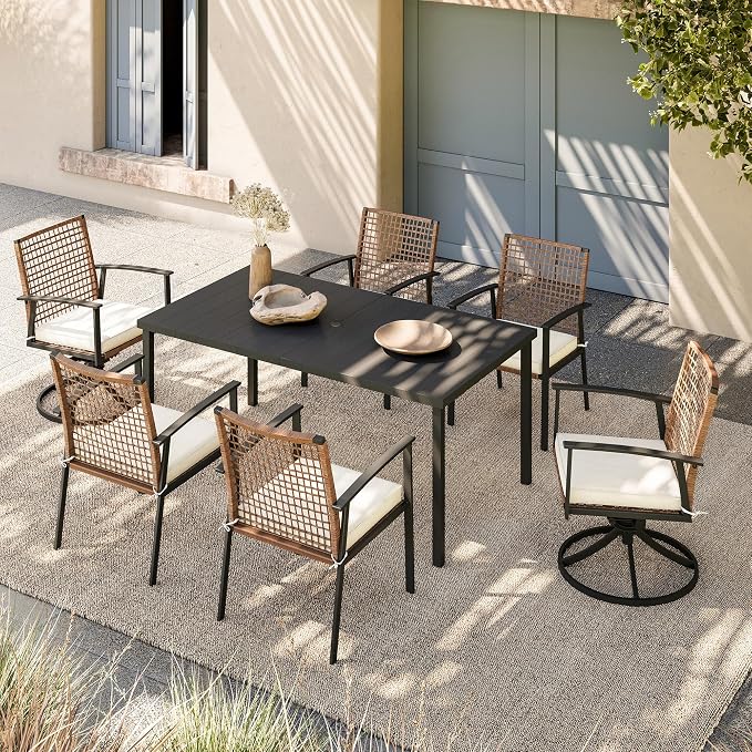 LAUSAINT HOME 7 Pieces Patio Dining Set, Outdoor Furniture Set of 6 Wicker Chairs (2 of Them Swivel) with Soft Cushion and Iron Slats Table Top with Umbrella Hole, Conversation Set for Backyard - Image 2