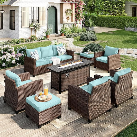 Patio Furniture Set, 8 Pcs Wicker Rattan Outdoor Conversation Set, 4 x Leg Chairs, 1 x 3 Seater Sofa and 2 x Ottoman with 4" Thick Cushion and 56" Fire Pit Table, Blue