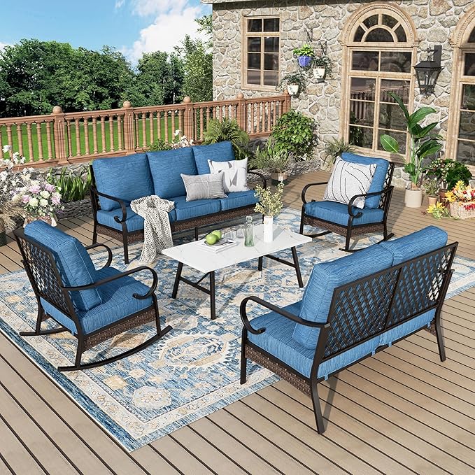 Patio Furniture Set with Coffee Table, Outdoor Conversation Set with 2 x Rocking Chairs, 1 x 2-Seat Sofa, 1 x 3-Seat Sofa for Lawn Garden Backyard, Pacific Blue