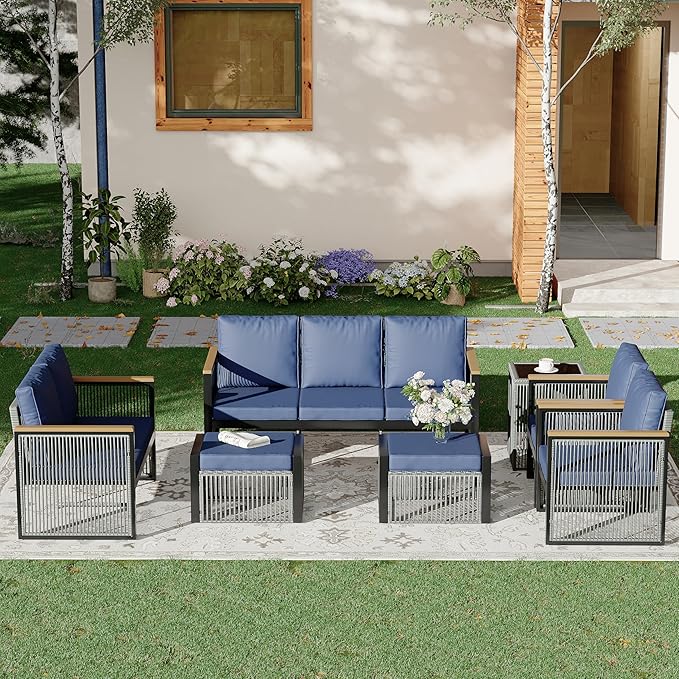 HOMREST 7 Piece Outdoor Sectional Patio Conversation Set,5 Seats Metal Outdoor Patio Furniture Set, All Weather Outdoor Couch Set with 2 Ottoman,3-Seats Sofa,Love Seat,Side Table for Deck, Lawn(Blue)