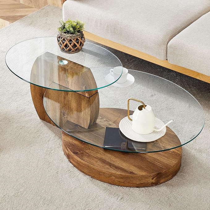 Ebullient Glass Coffee Table, 42" Round Coffee Table, 2-Tier Glass Tabletop with Dark Wood Base, Easy to Maintain and Assemble, Ideal for Dining Room, Living Room