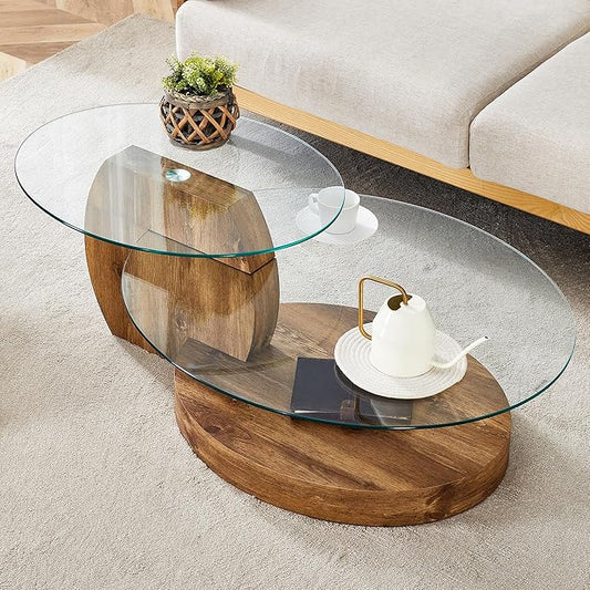 Ebullient Glass Coffee Table, 42" Round Coffee Table, 2-Tier Glass Tabletop with Dark Wood Base, Easy to Maintain and Assemble, Ideal for Dining Room, Living Room