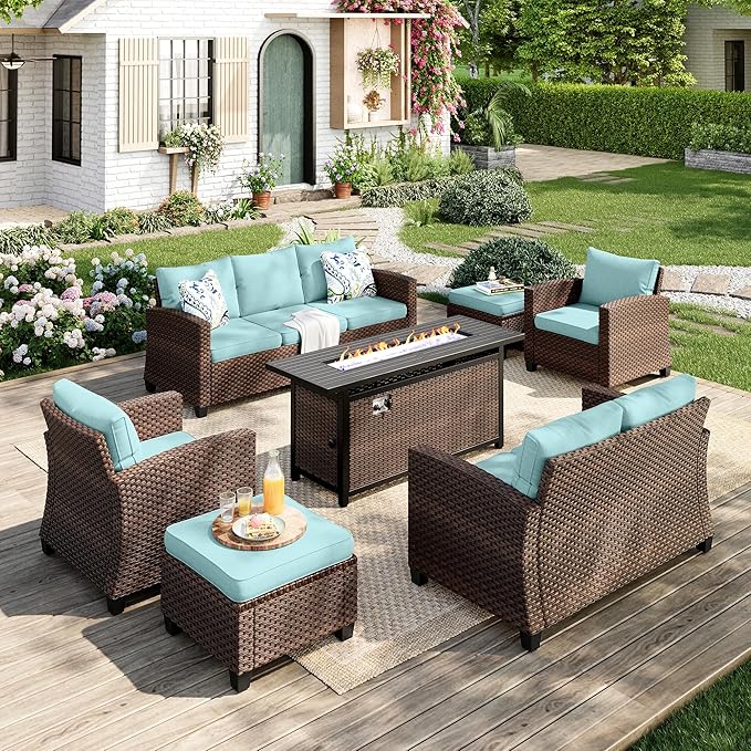 Patio Furniture Set, 7 Pcs Wicker Rattan Outdoor Conversation Set, 2 x Leg Chairs, 1 x 3 Seater Sofa, 1 x 2-Seat Lover Sofa and 2 x Ottomans with 4" Thick Cushion and 56" Fire Pit Table, Blue