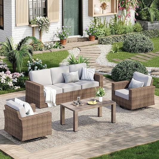 Patio Furniture Set, 4 Pieces Outdoor Furniture Sets, Wicker Rattan Conversation Sets with 2 Swivel Chairs and 47'' Coffee Table, High Back Outdoor Conversation Set Garden Backyard, Grey