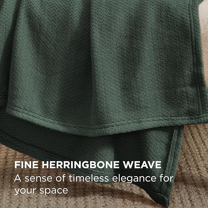 Bedsure GentleSoft 100% Cotton Blanket Full Size for Bed - Breathable and Lightweight, Soft Cozy Textured Herringbone Woven Blanket for Summer Spring, Dark Green, 80x90 inches