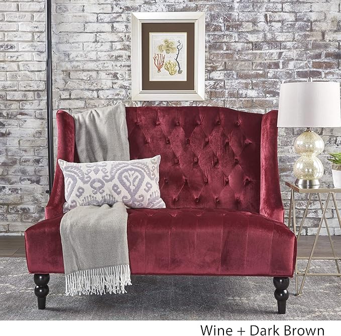 Christopher Knight Home GDFStudio Leona Modern Glam Tufted Velvet Wingback Loveseat, Wine and Dark Brown, 34.00 ''D x 50.25‘’W x 38.50'' H