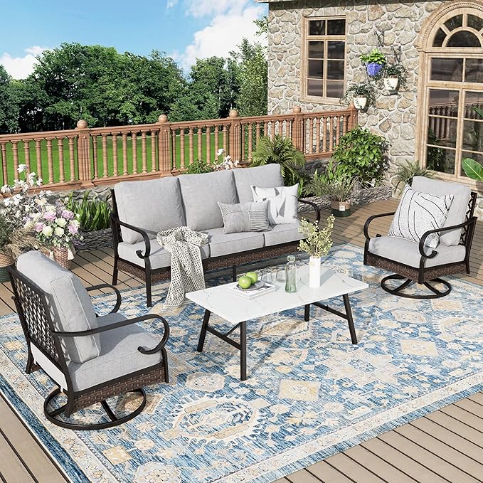 Patio Furniture Set with Coffee Table, Outdoor Conversation Set with 2 x Swivel Chairs, 1 x 3-Seat Sofa for Lawn Garden Backyard, Light Grey