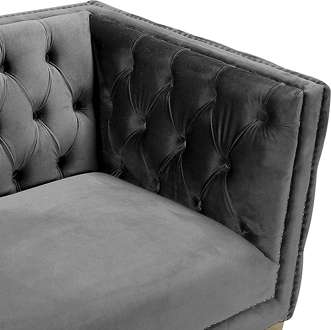 Meridian Furniture 652Grey-L Michelle Collection Modern | Contemporary Loveseat with Deep Button Tufting, Gold Nailhead Trim and Sturdy Gold Iron Legs, Grey Velvet, 66" W x 34" D x 30" H