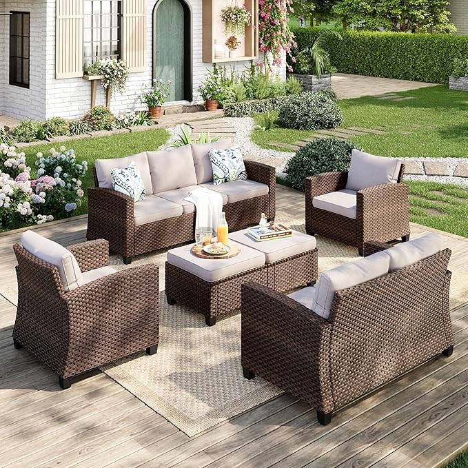 Patio Furniture Set, 6 Pcs Wicker Outdoor Conversation Set, 2 x Leg Chairs, 1 x 3 Seater Sofa, 1 x 2-Seat Lover Sofa and 2 x Ottomans with 4" Thick Cushion for Garden Backyard Deck, Beige