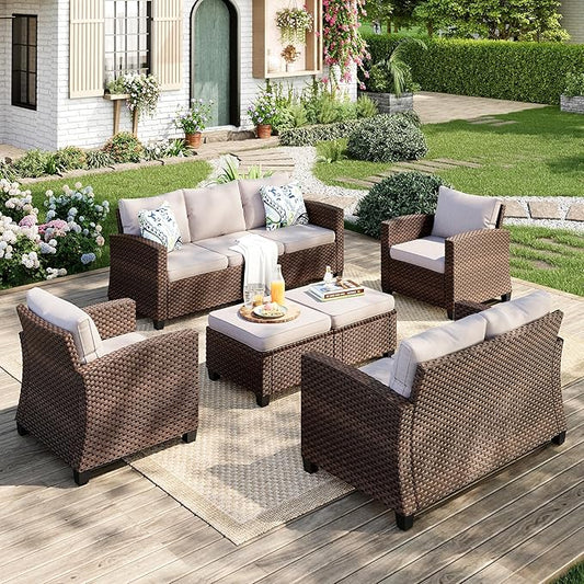 Patio Furniture Set, 6 Pcs Wicker Outdoor Conversation Set, 2 x Leg Chairs, 1 x 3 Seater Sofa, 1 x 2-Seat Lover Sofa and 2 x Ottomans with 4" Thick Cushion for Garden Backyard Deck, Beige