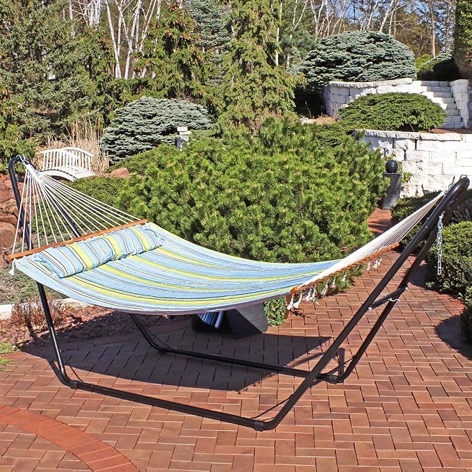 Sunnydaze Double Quilted Fabric Hammock with Universal Steel Stand - 450-Pound Capacity - Black Stand - Blue and Green - Image 8