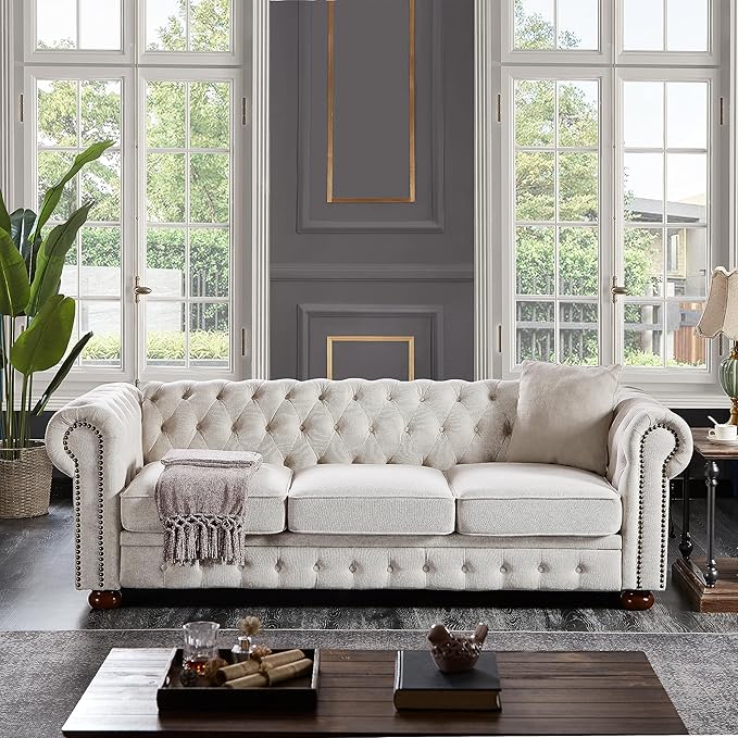 ERYE 88-Inch Classic 3 Seat Chesterfield Sofa Couches for Living Room Bedroom, 3 Seaters Button Tufted Linen Fabric Upholstered Chesterfield Sofa Couch,Wood Legs | Button Tufted, Easy to Assemble, Nailhead, Removable Cushion
