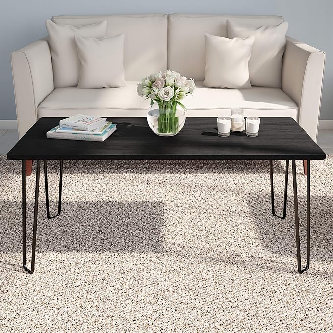 Lavish Home Small Space Coffee Table with Hairpin Legs – Minimalist Industrial Living Room Table with Woodgrain-Look Top and Steel Legs (Black)