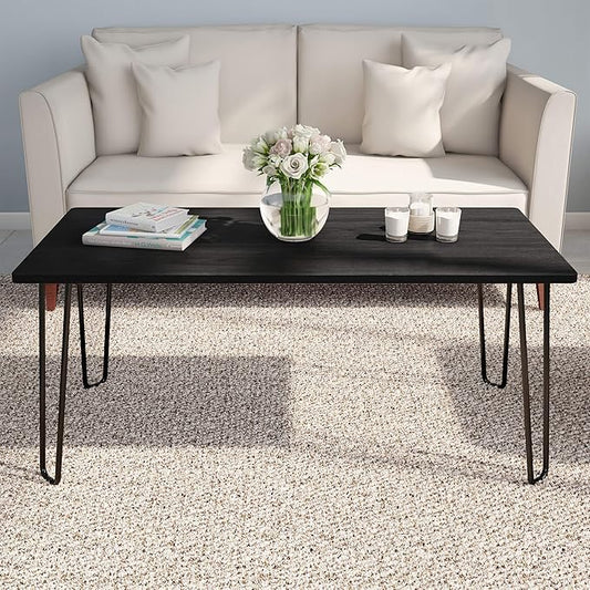 Lavish Home Small Space Coffee Table with Hairpin Legs – Minimalist Industrial Living Room Table with Woodgrain-Look Top and Steel Legs (Black)