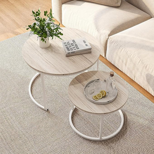 HOJINLINERO Round Coffee Table,Nesting Coffee Table Set of 2,Center Tables for Living Room,Office, Home Small Space,Stacking Side Tables,Sturdy and Easy Assembly,Wood Desktop,Oak+White,Large