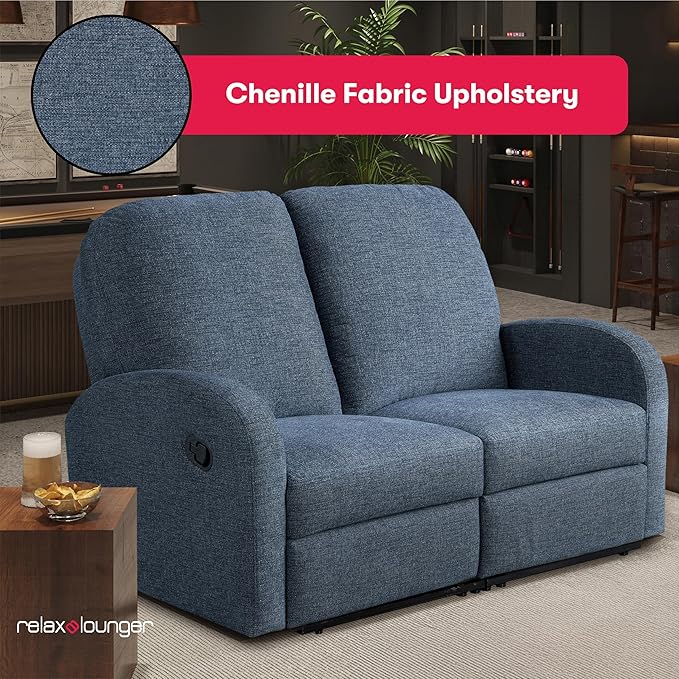 Relax-A-Lounger® Palmdale 58.3" Rocker Manual Pull-Handle Loveseat Recliner, Soft Modern, Pocket Coil Comfort, Black Metal Base Leg, Soft Chenille Fabric, Blue