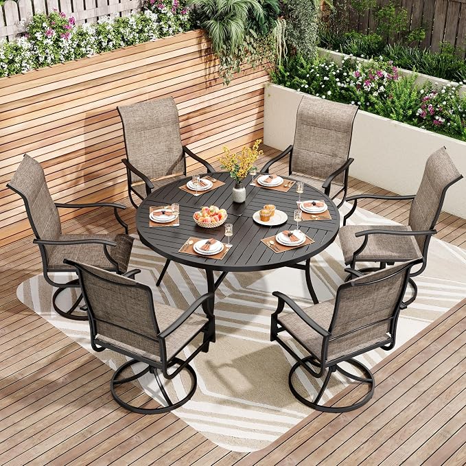 PHI VILLA 7 Piece Outdoor Patio Dining Set with 6 Padded High Back Patio Swivel Chairs & 1 Large 54" Round Dining Table, All Weather Patio Table and Chairs for Lawn Deck Garden by PHIVILLA