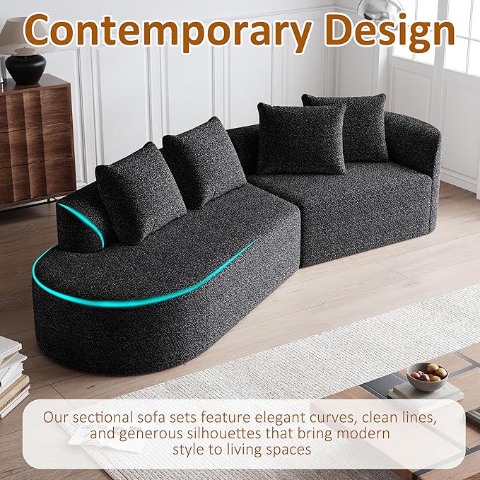 112" Modern Cloud Sectional Sofa, Chenille 4-Seater Curved Couch with 4 Pillows, Extra Deep & Wide Seat, No-Assembly Compressed Upholstered Living Room Sofa for Bedroom,Apartment,Black Right