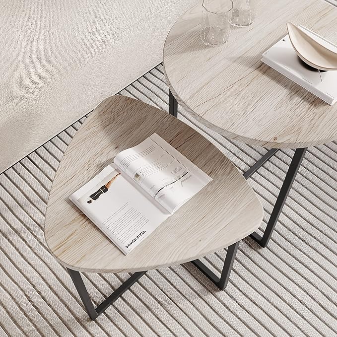 HOJINLINERO Round Coffee Table Set of 2 End Tables for Living Room,Black Small Coffee Table Living Room Table,Metal Frame & Wood Look,Sturdy and Easy Assembly,Stacking Side Tables Bedroom,White